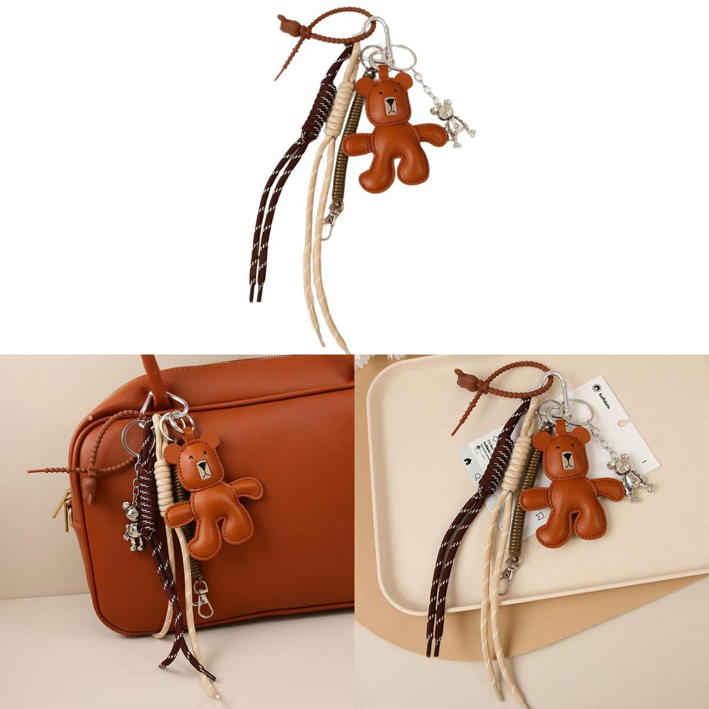 Leather Brown Bear Keychain With Articulated Limbs And Geometric Design For Fashion Accessories