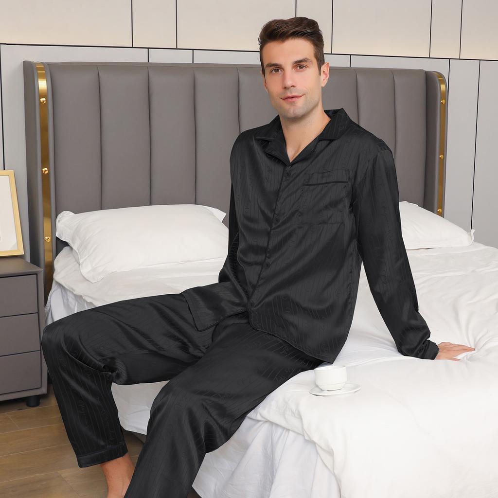 Moolmeyno Men's Ice Silk Pajamas Long Sleeve and Pants Set