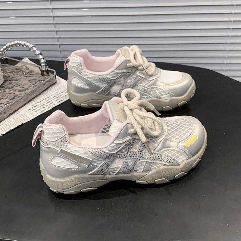 Fashion Rhinestone Leather Breathable Mesh German Training Shoes Women's 2025 New Comfortable Fashion Versatile Casual Forrest Gump Shoes Tide