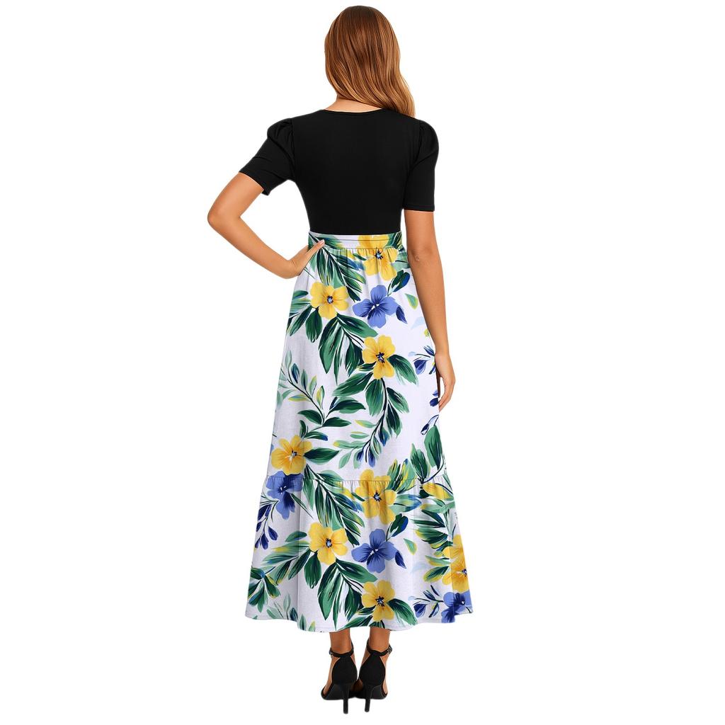 Women's Fashionable Casual Belt Short Sleeved Round Neck Print Elegant Temperament Dress
