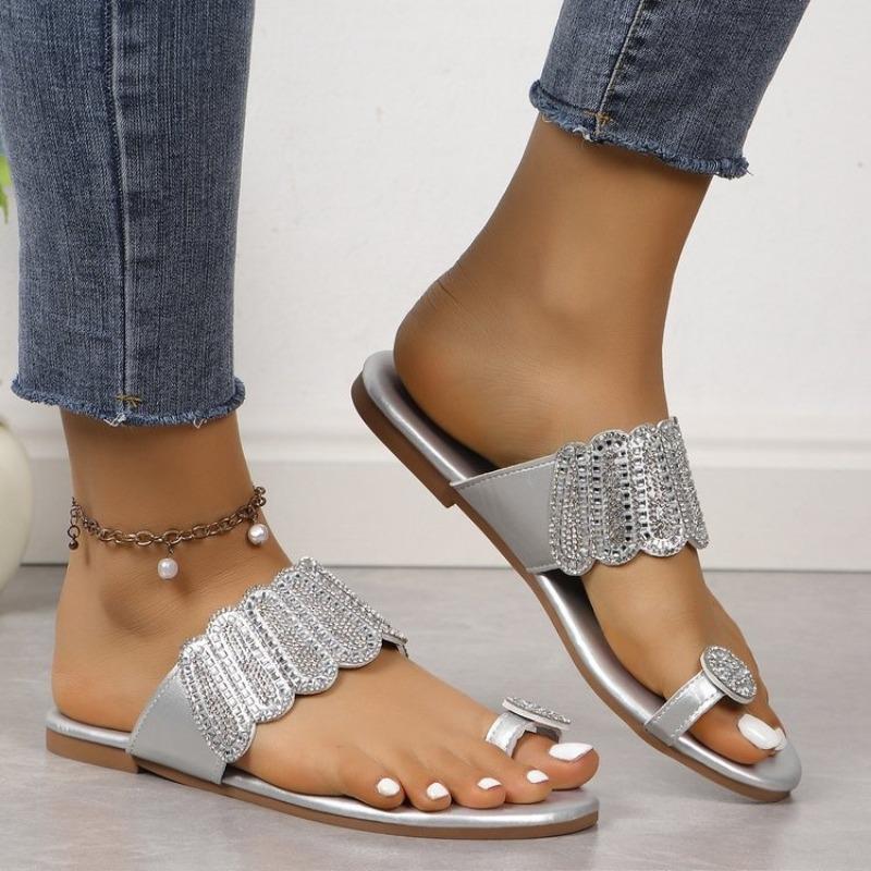 Sandals Summer New Going Out Fashion Rhinestone Cover Toe Slip Soft Sole Non-slip Flat Plus Size Roman Slippers