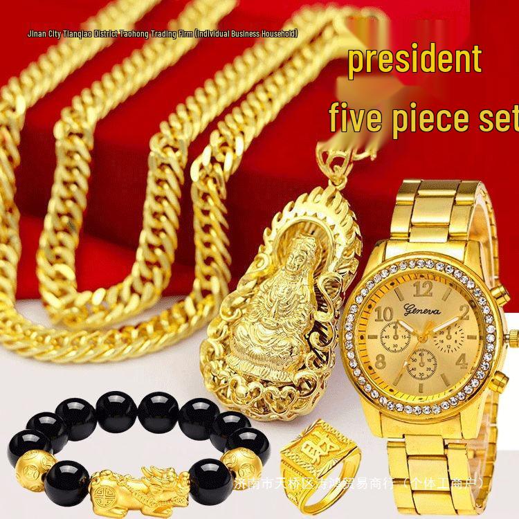 Unique Vietnam-Inspired Gold Necklace & Non-Fading Gold Watch Set for Men