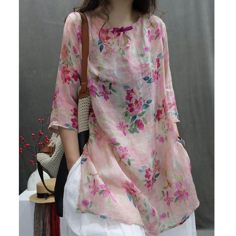 Baumwolle und Leinen Damen Sommer Top Damen Neuer Print Leicht und Locker Lässig Vielseitig Mittellange Ärmel Hemd Top