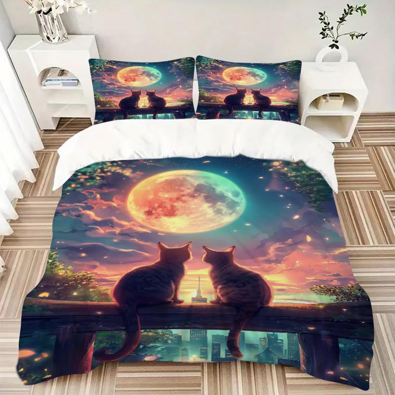 3pcs Anime Cat Moonlight Bedding Set - Includes One Quilt Cover and Two Pillowcases (No Core) - Home Decor Gift for Bedroom and Guest Room D