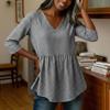Women Loose Fit Casual Cotton Linen V Neck Plaid Three Quarter Sleeve Top Blouse Tunic Shirt for Everyday Wear