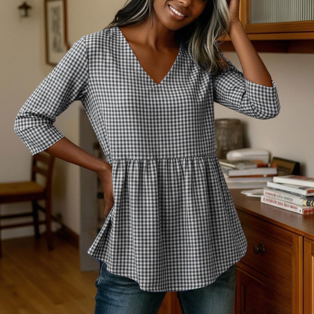 Women Loose Fit Casual Cotton Linen V Neck Plaid Three Quarter Sleeve Top Blouse Tunic Shirt for Everyday Wear