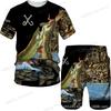 New Men's Short Sleeve Shorts Set Fashion 3D Digital Fish Printing Men's Beach Casual Set