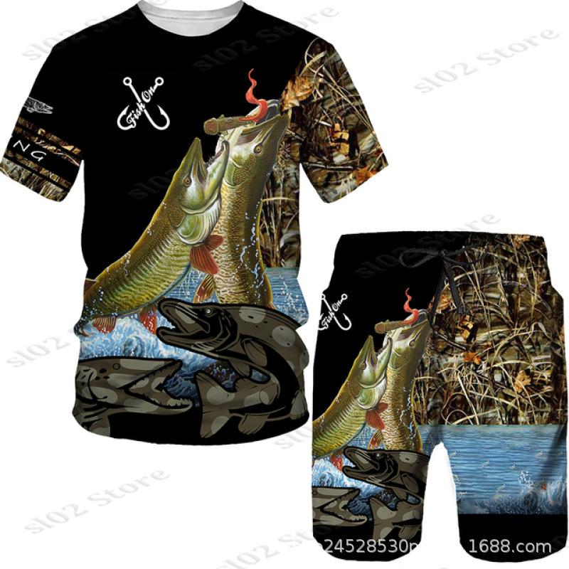 New Men's Short Sleeve Shorts Set Fashion 3D Digital Fish Printing Men's Beach Casual Set