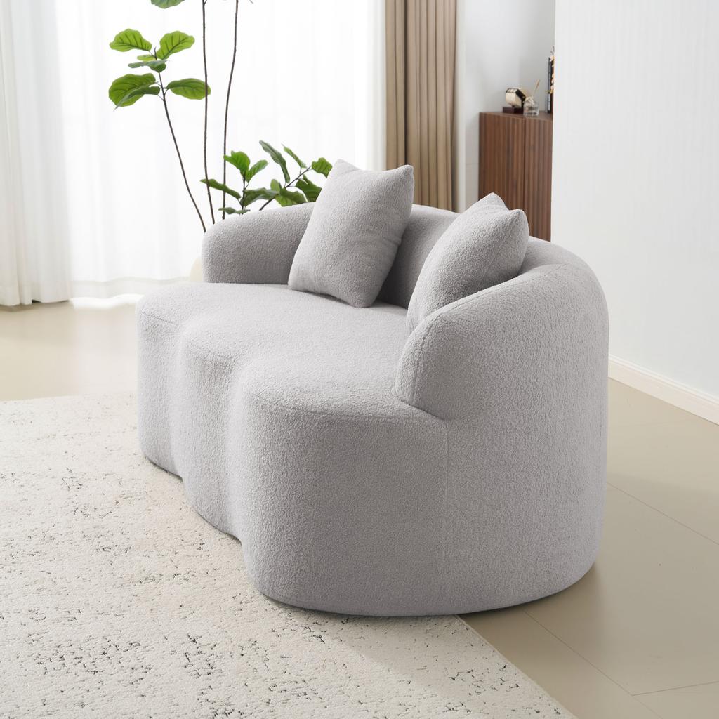 Light Grey Curved Loveseat, Round Armrests, Compression Sofa with 2 Cushions, Beige Bedroom Sofa, No Assembly Required.