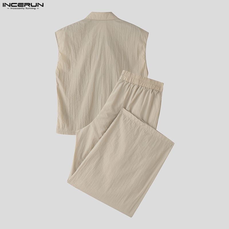 INCERUN Two Pieces Casual Sets Men Sleeveless Waistcoat and Long Cargo Pants Trousers Outfits