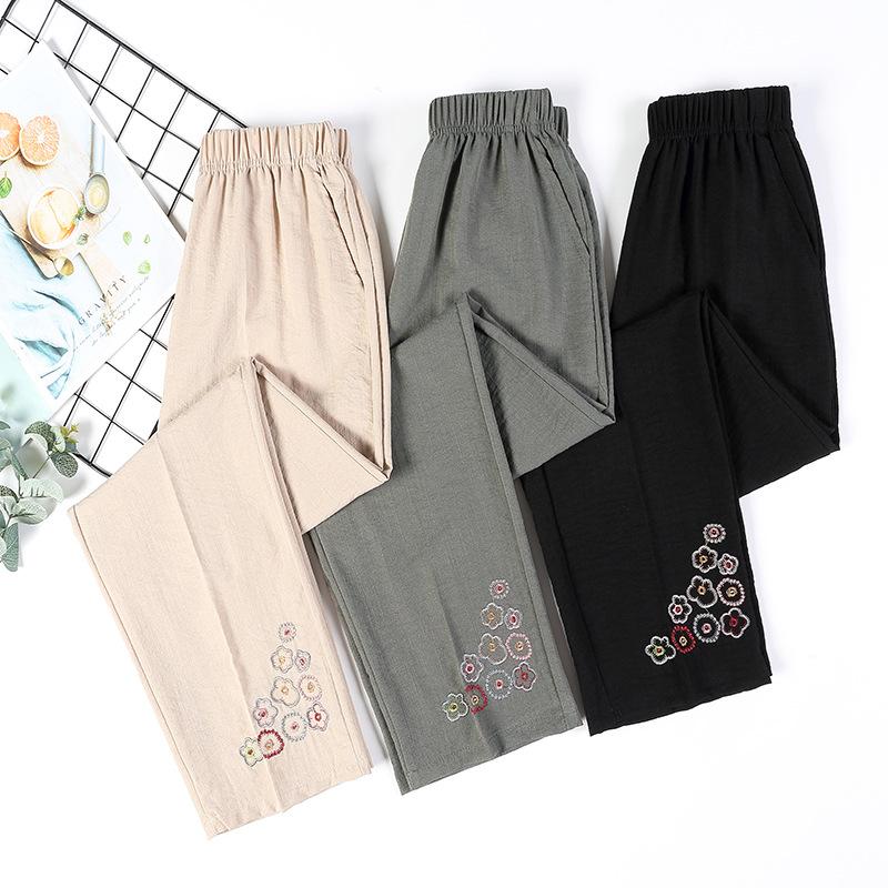 Plus Size Embroidered Women's Straight Leg Pants Summer High Waisted Breathable Women's Retro Korean Elastic Waist Pants