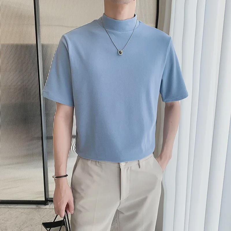 Men’s High-End Short-Sleeve T-Shirt: Lightweight, Half-High Collar, Solid Color, Ideal for Spring and Autumn.