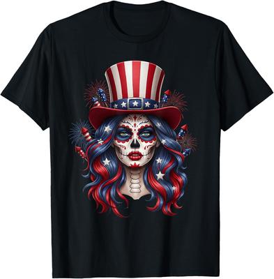 Sugar Skull 4th Of July American USA Flag Skeleton Women T-Shirt