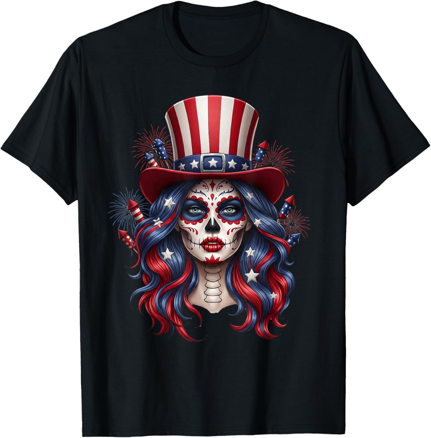 Sugar Skull 4th Of July American USA Flag Skeleton Women T-Shirt XXXL
