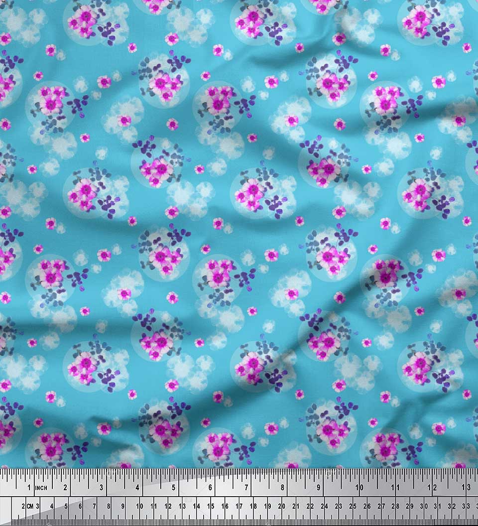 

Тканина Soimoi Blue з японського креп-сатину, листя та барвінок, квіткові принти на метр 42 дюйми 42 Inch Wide - Poly Crepe синій