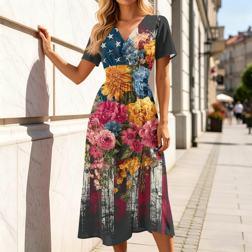 Women’s V Neck Short Sleeve Maxi Dress with Star and Floral Print 4th of July Dress Independence Day Dress Holiday Party Outfit