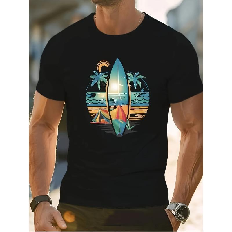 European Size Men's Fashion Trend Casual Surfboard Print Crew Neck Short Sleeve Cotton T-Shirt, Summer New Sports Top