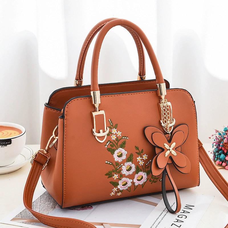 Women's Floral Embroidered PU Leather Handbag, Structured Top Handle Satchel with Flower Charm, Adjustable Strap Crossbody Shoulder Bag