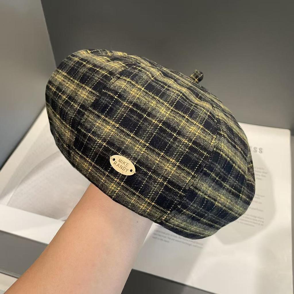Plaid Painter's Hat Women's Autumn and Winter Retro Face showing Small Octagonal Hat Autumn and Winter Warm and Fashionable Beret Hat