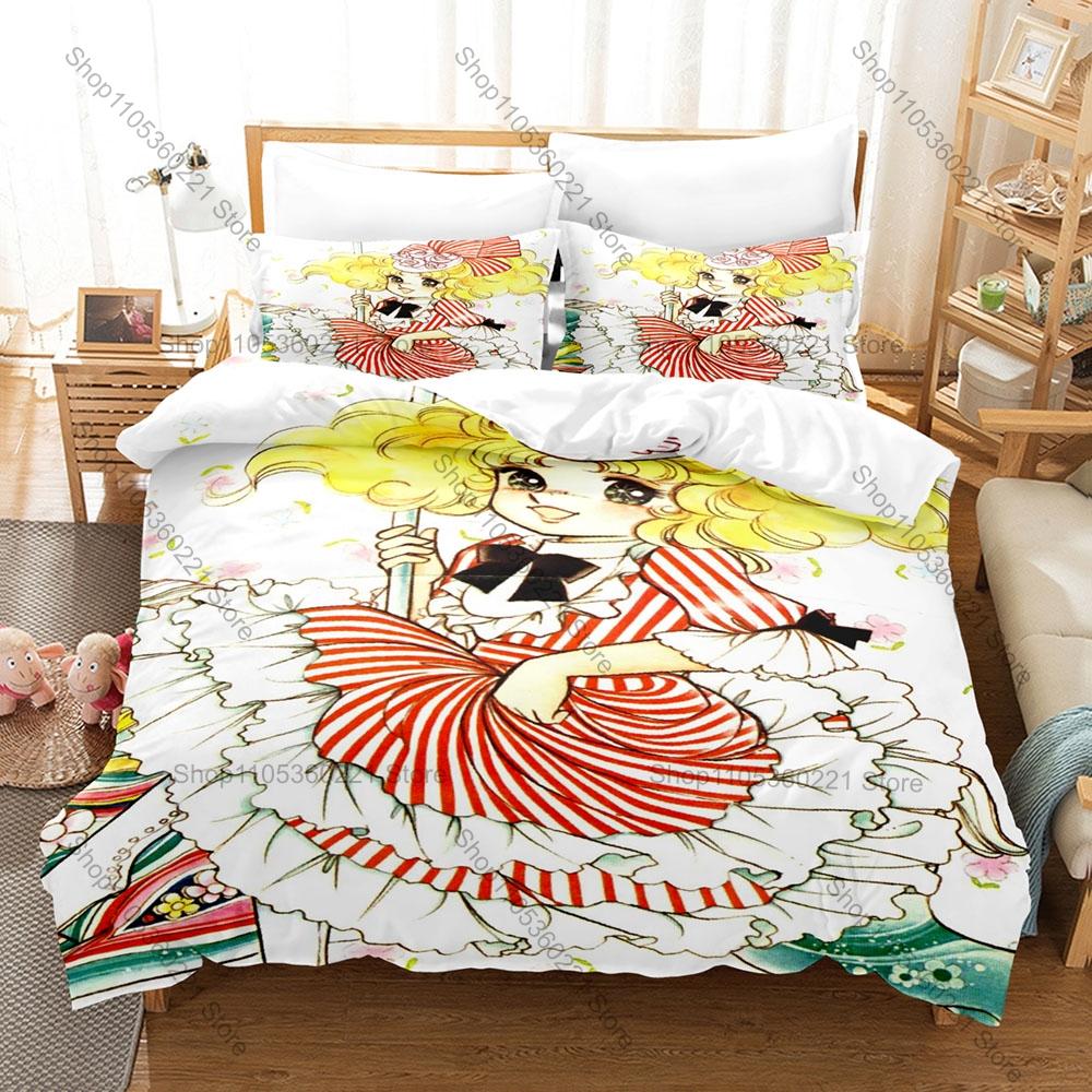 Manga Candy Duvet Cover + 2 Pillowcases Cute Kawaii Anime Candy Cartoon Print Soft Microfiber Bedding Bedroom Decor For Teen