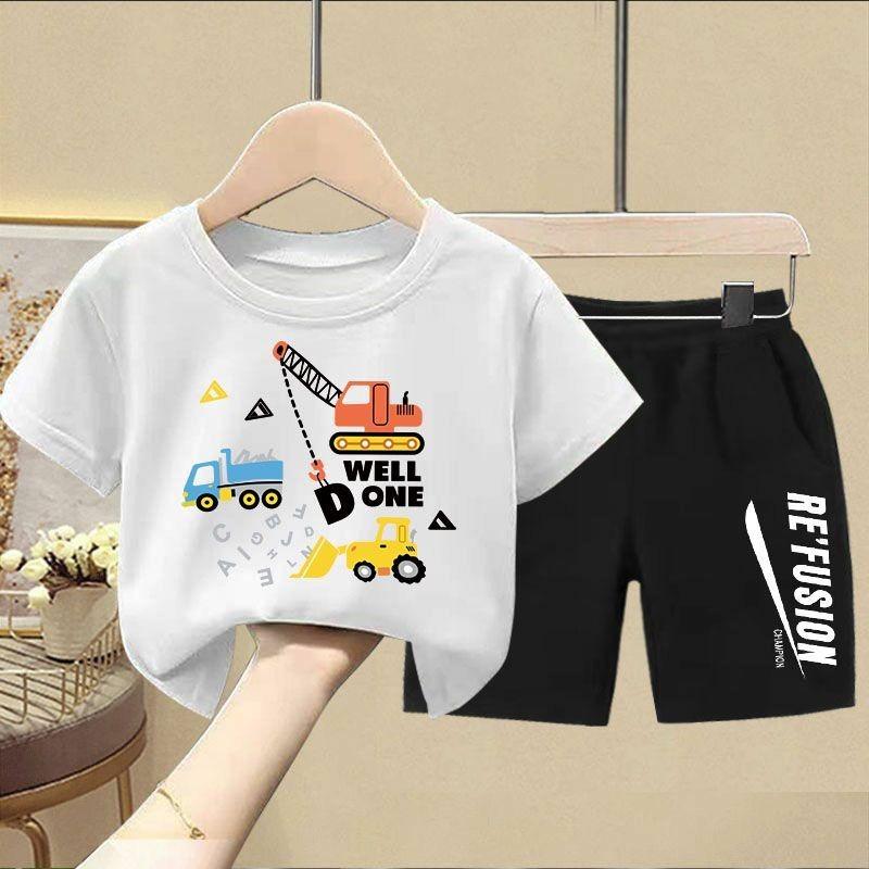 Комплект для мальчика с коротким рукавом, двухпредметный комплект с коротким рукавом, детская одежда, детский комплект с мультяшной футболкой 150