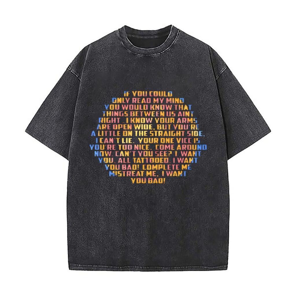 Mind Reading Colorful Text Art Loose Solid Distressed T Shirt American Casual Crew Neck Top