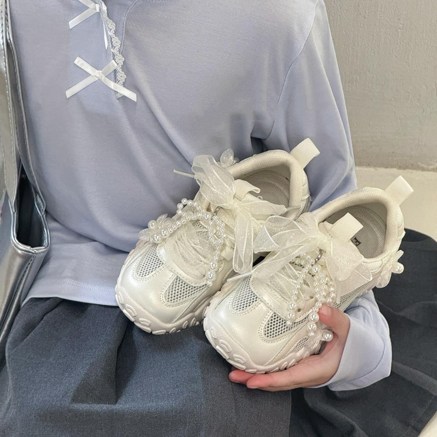 

2025 summer new classmates girls pearl bow flower sneakers single mesh breathable princess moral training shoes 37 yards inner length 22.5cm
