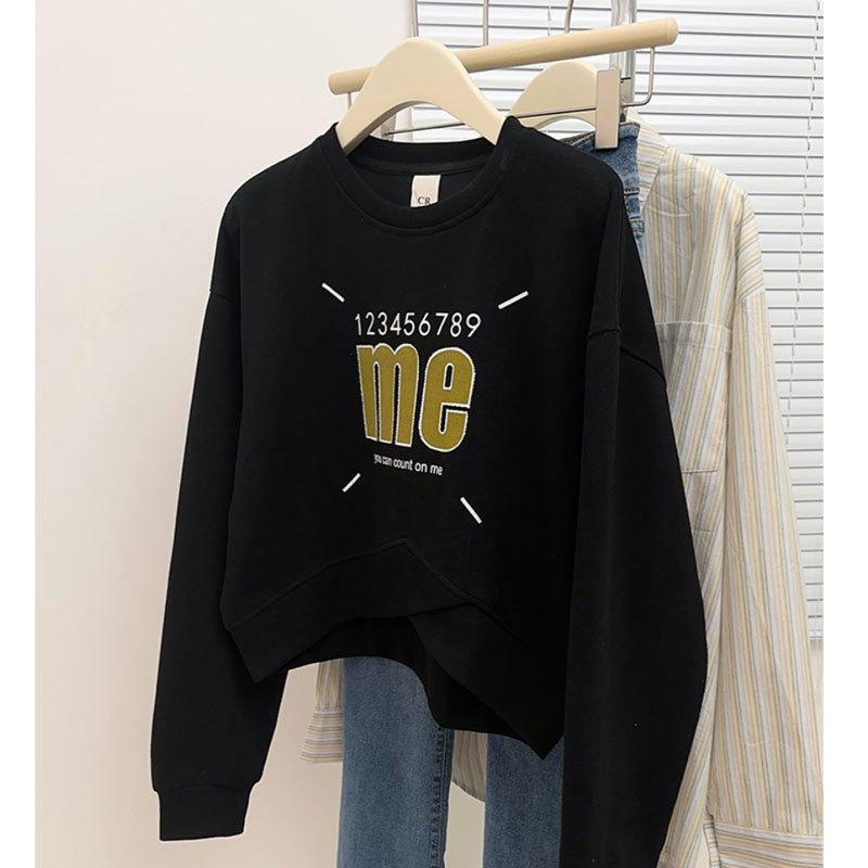 

Large High-End American Print Round Neck Pullover Sweater: Belly-Covering Long Sleeve Versatile Casual Short Top 2XL [150-170 lbs]