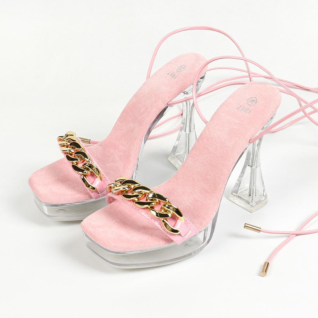 Women 12CM Sexy Car Model Fashionable Transparent Nightclub Thick Heel Crystal Square Head Anti Slip Strap Sandals LFD