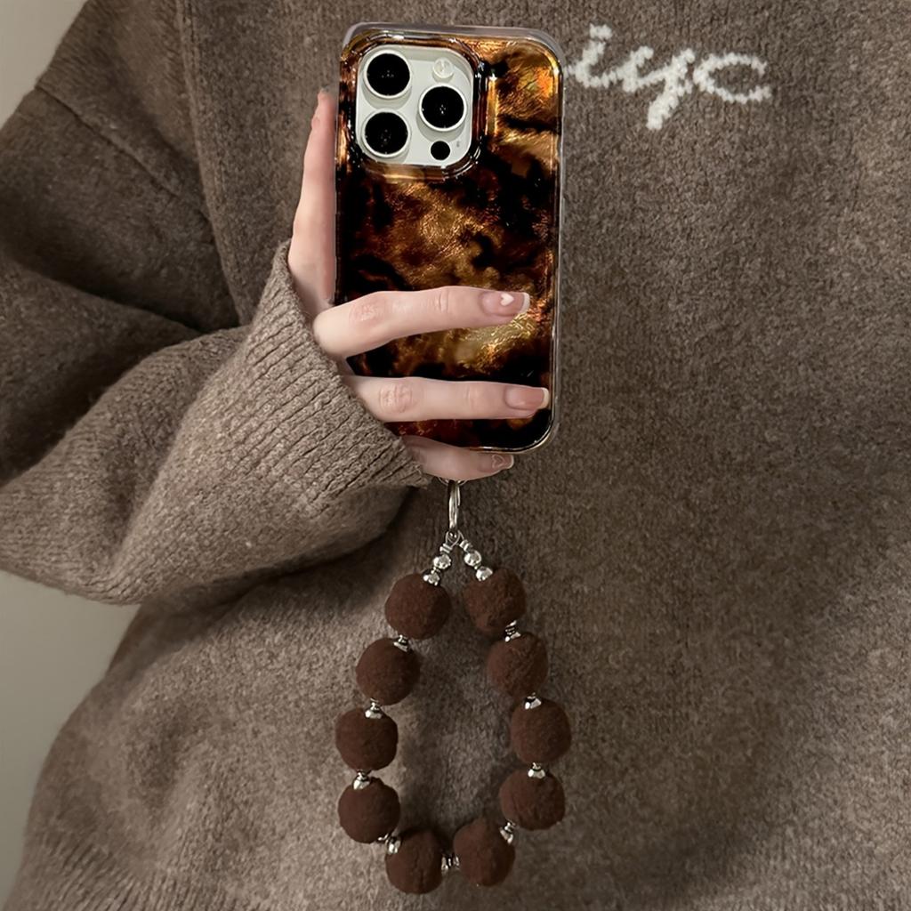 Luxury Amber Leopard Pattern Case For iPhone 16 15 14 13 12 Pro Max 11 Cute Hairball Bracelet Wristband Chain Protective Cover