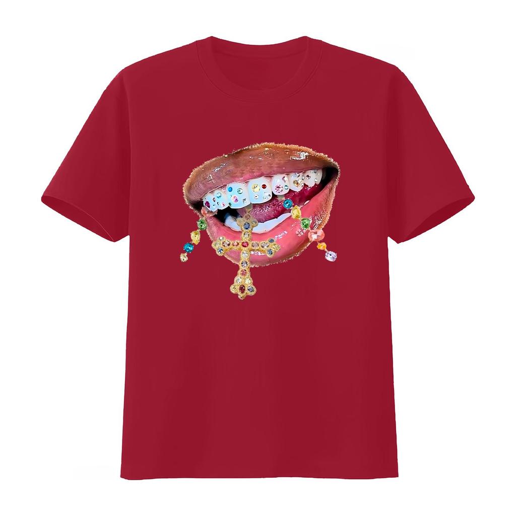 Glossy Jewelry Mouth Print T Shirt Streetwear Y2K Cotton Fashion Breathable Graphic Fashion Unisexs and Women 2026 Summer T Shirt