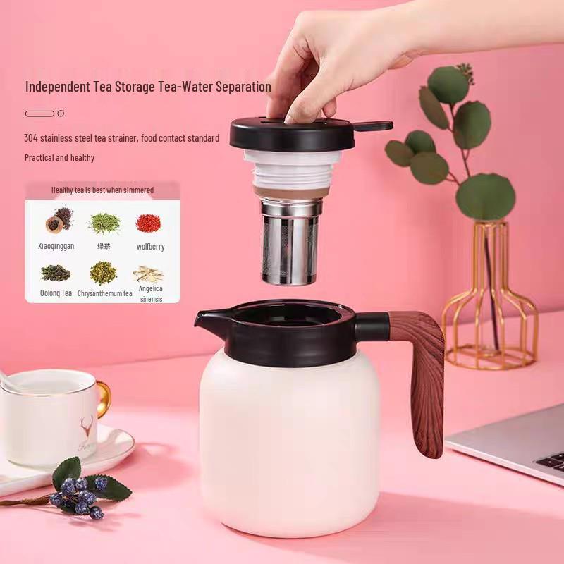 Large Capacity 304 Stainless Steel Insulated Teapot with Wood Grain Handle for Home and Office.