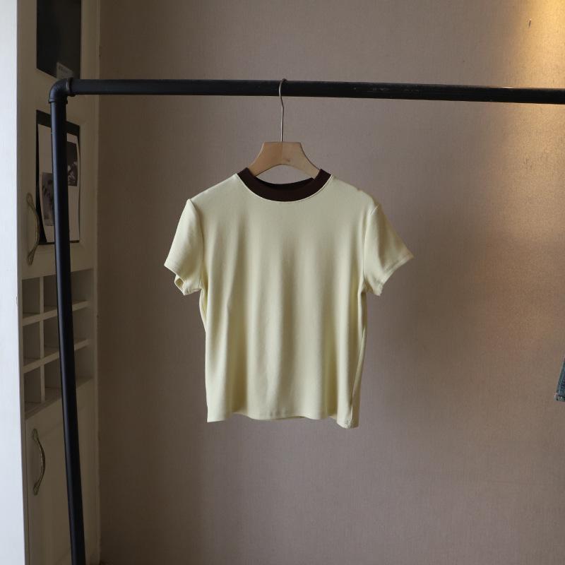 

Женская футболка с коротким рукавом и круглым вырезом в корейском стиле Bi Zheng 2025 - Простой и повседневный топ One Size светло-желтого