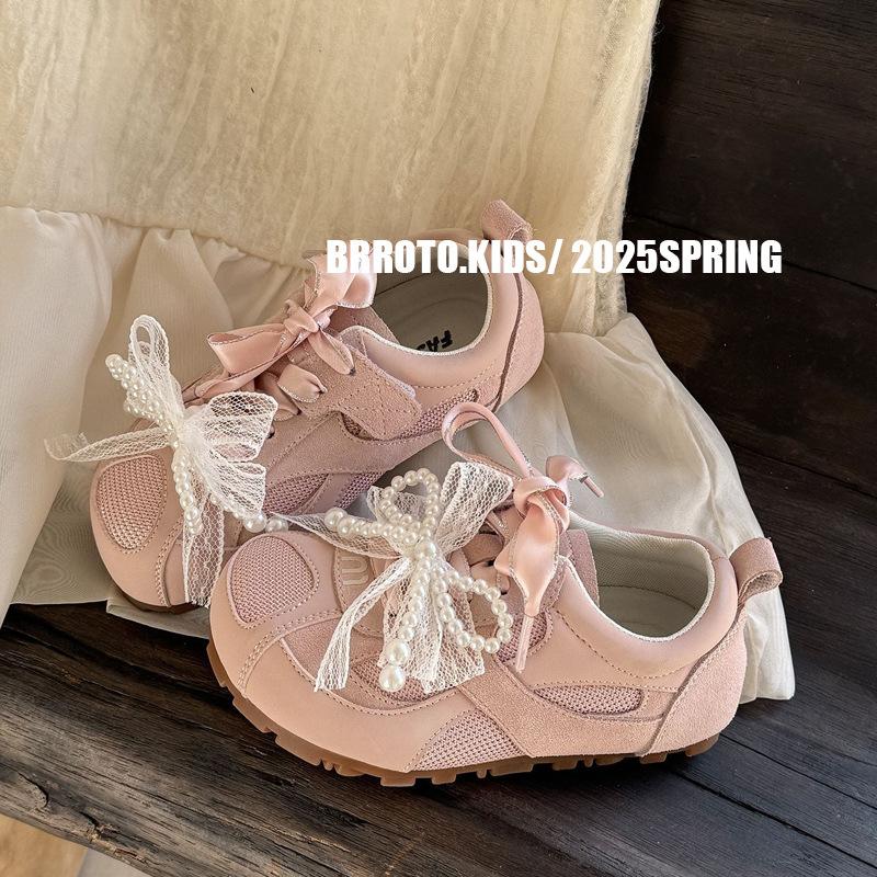 

Girls shoes 2025 spring and summer pink bow pearl low-top princess shoes children s breathable mesh board shoes baby 33 розовый