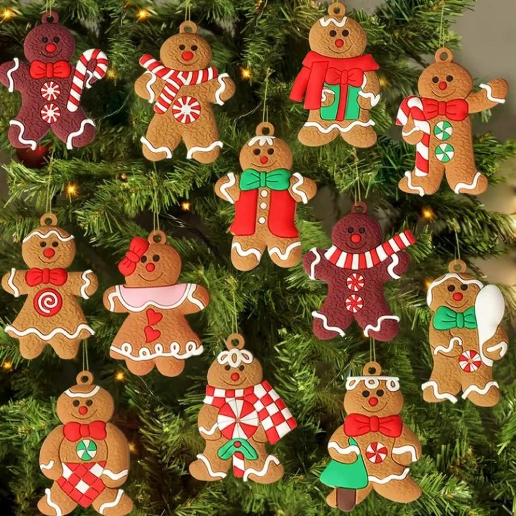 12pcs Gingerbread Man Ornaments Christmas Tree Hanging Decorations Assorted Plastic Gingerbread Figurines Ornaments Party Suppli
