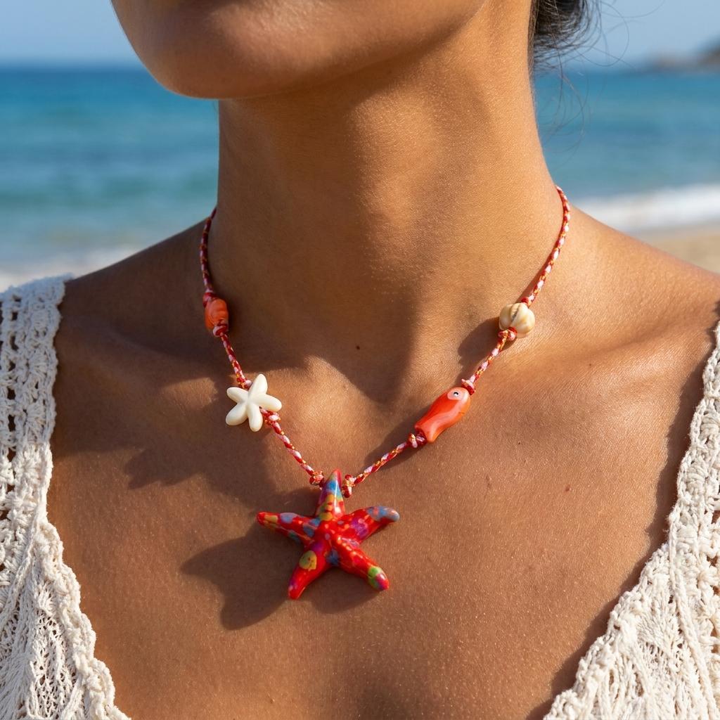 Y2K Colorful Starfish Fish Lobster Charm Necklace for Women Ceramic Rope Chain Ocean Boho Summer Jewelry Gift Party Accessories