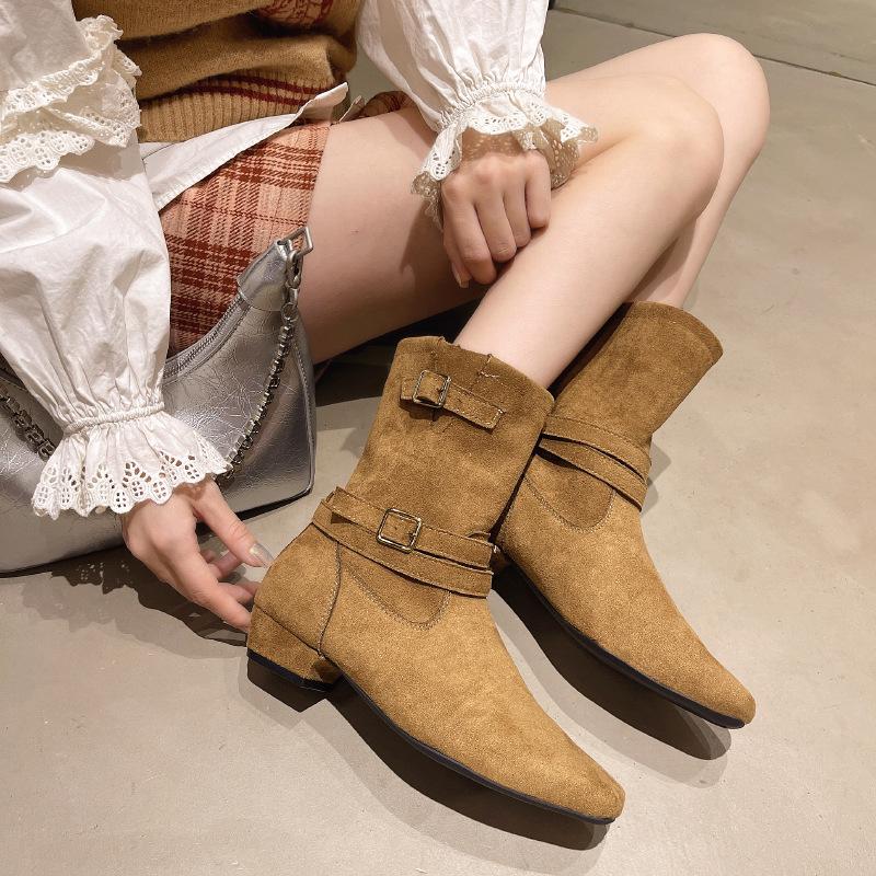 2025 niche fashion pleated belt buckle looks thin but knee slope heel boots retro western cowboy boots women
