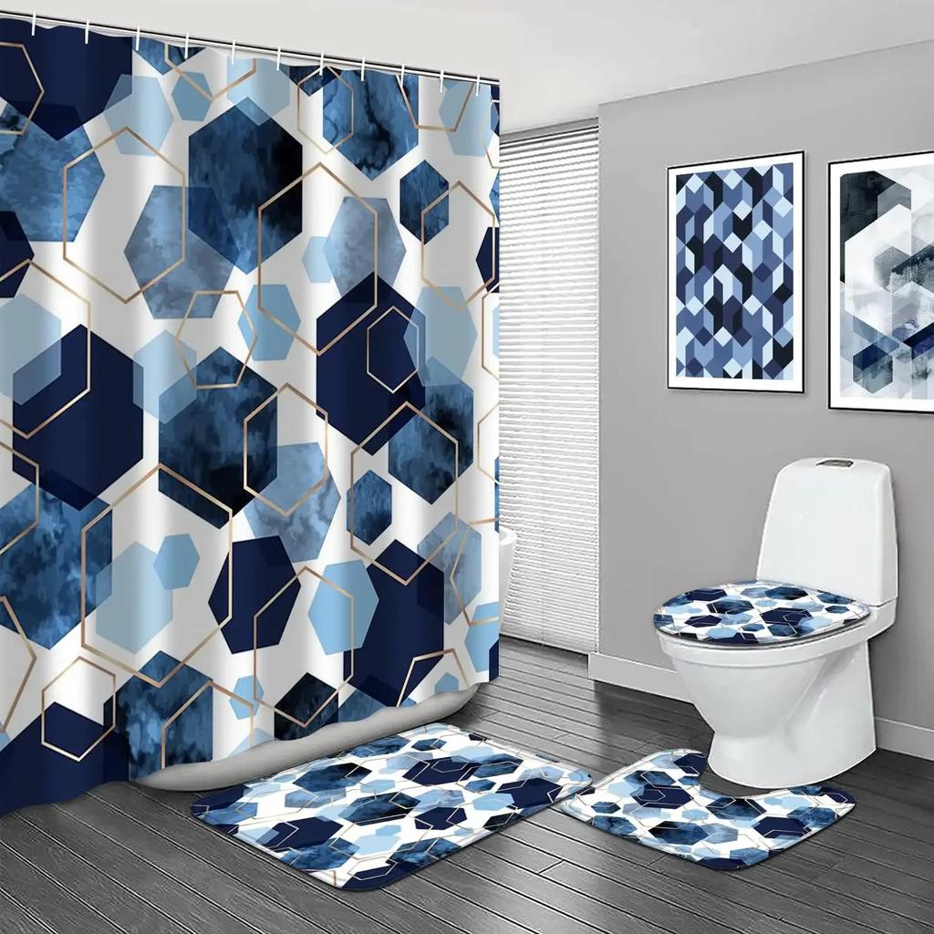 4PCS Flower Shower Curtain Set with Non-Slip Rugs Toilet Lid Cover and Bath Mat Black Shower Curtain Waterproof Bathroom Decor