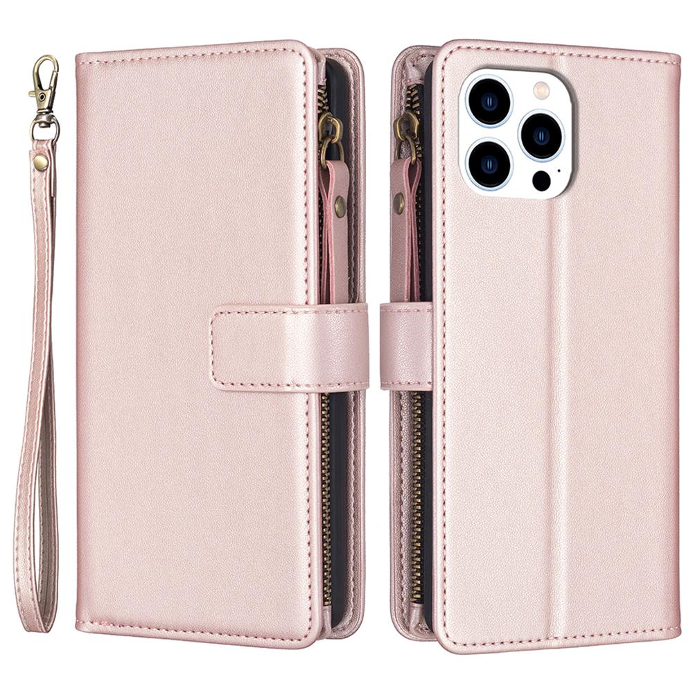 

BF Style-19 for iPhone 16 Pro Case Zipper Wallet Leather Phone Cover Rose Gold