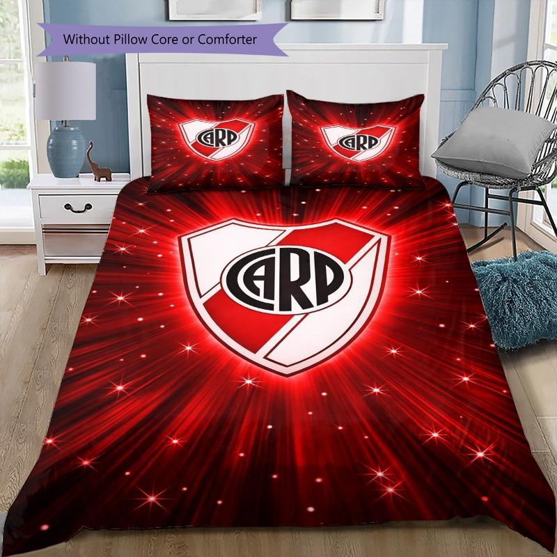 River Plate FC Red Background Vertical Black Stripe Shield Crest Bedding Set Argentine Soccer Duvet Cover Football Fan Bedroom Home Decor Bedding