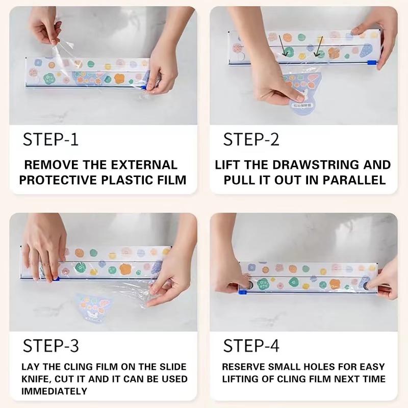 Durable Cling Film with Sliding Knife - Reusable Hands-Free Fresh-Keeping Plastic Wrap, Kitchen Food Cover