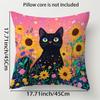 Black Kitten With Floral Pattern Single-Sided Digital Printing Pillow Cover Short Plush Suitable Living Rooms Bedrooms Sofas