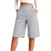 Damen High Waist Leinenmischung Bermuda Shorts Doppelknopf Weiter Bein Lässig Sport Knie Länge Midi Shorts Amazon Europäische Tägliche Wear Hosen