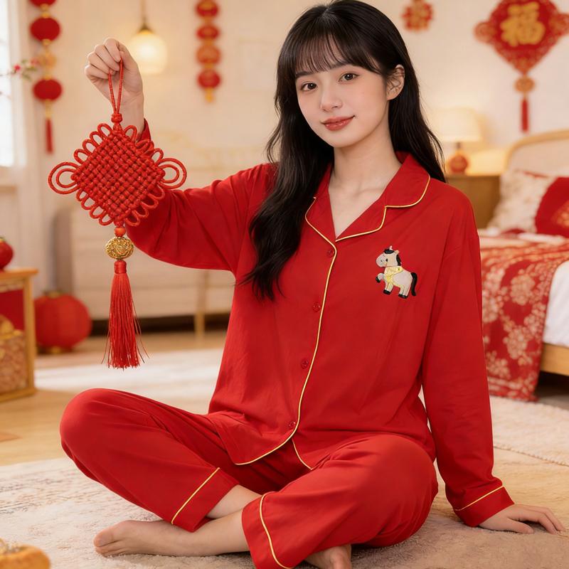 Cute Horse Print Kawaii Pajama Set for Women Spring Soft Fabric Comfort Plaid Loungewear 2 Piece Long Sleeve Top Pants Sleepwear