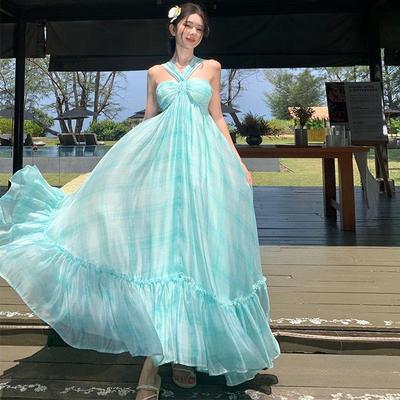 Mint Mambo Beach Camisole Dress - Women's Flowy Summer Vacation Maxi Dress with Chest Pads