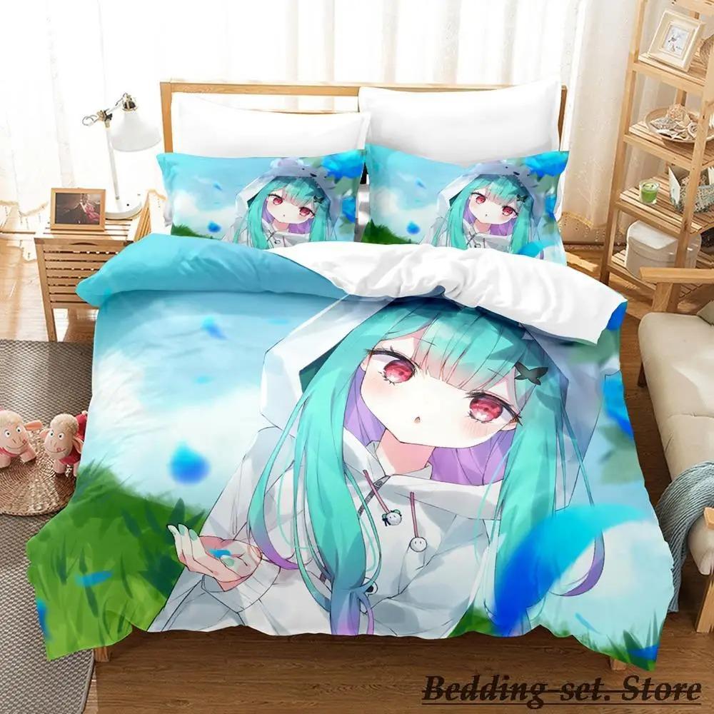 Vtuber Hololive Uruha Rushia Bettwäsche-Set, Cartoon-Anime, dreiteiliges Set, für Erwachsene und Kinder, Schlafzimmer, Bettbezug-Sets, 3D, Kawaii, süße Mädchen