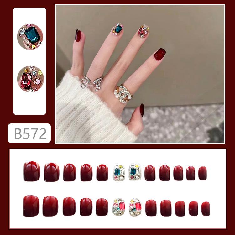 

A573 Ручная работа Стразы Насыщенный красный Короткие носимые наклейки для ногтей на Китайский Новый год - Осветляющие Осенне-зимние накладные ногти A573-Glue Deep Red Rhinestone