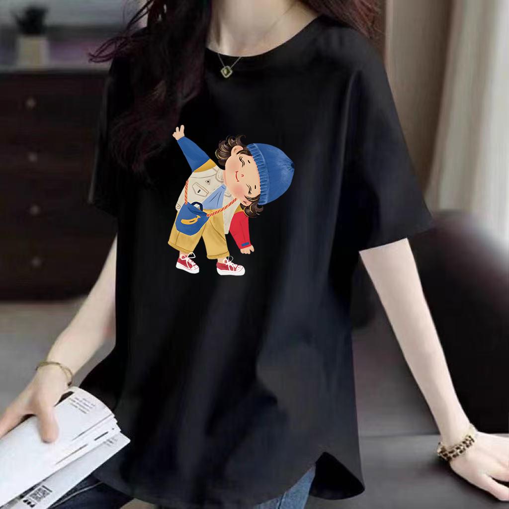 Tricou cu mânecă scurtă pentru femei, vară, nou, versiune coreeană, larg, la modă, imprimat, tiv curbat, top care acoperă șoldurile