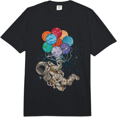 Astronaut Holding Planet Balloons Graphic TShirt Casual Short Sleeve Crewneck Tee for Men