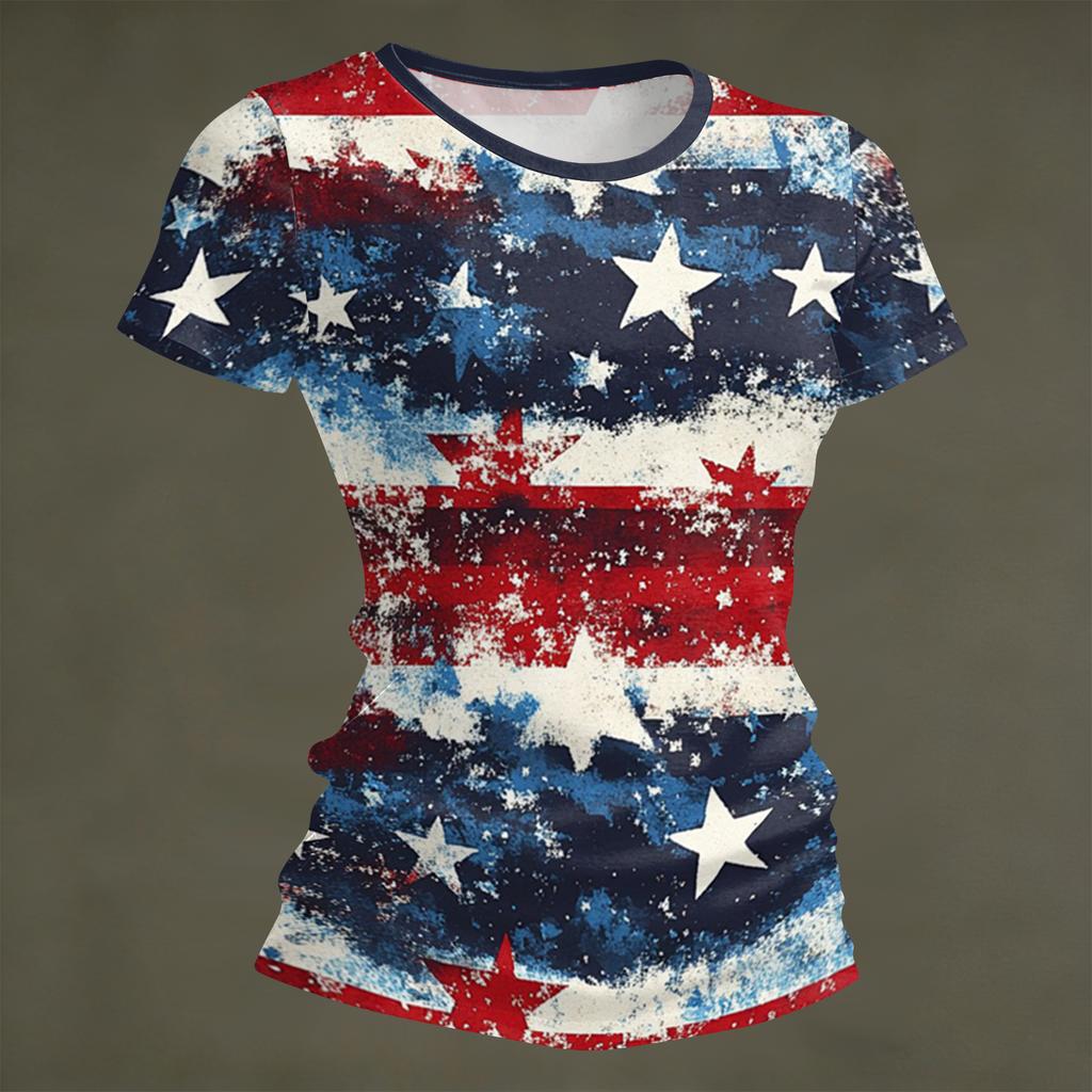 Damenmode Rundhals Unabhängigkeitstag Druck Kurzarm Locker Rundhals T-Shirt Top
